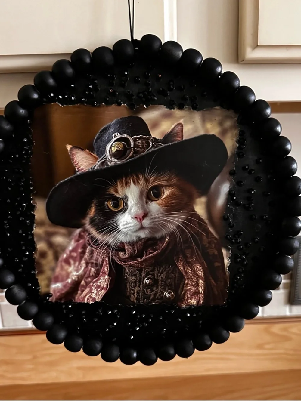 Hand Crafted Black Beaded Framed Cat Portrait